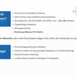 May include: An informational graphic with the AuraPrintDE logo, detailing product contents and installation. It lists items like rails, a letter box with characters, double-sided adhesive pads, and instructions, noting that no screws are required for mounting.