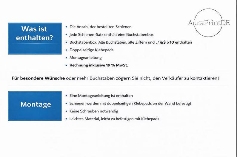 May include: An informational graphic with the AuraPrintDE logo, detailing product contents and installation. It lists items like rails, a letter box with characters, double-sided adhesive pads, and instructions, noting that no screws are required for mounting.