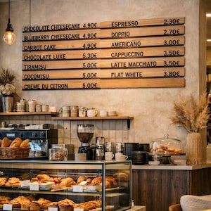 May include: A cafe menu board with wooden slats displays items like Chocolate Cheesecake, Blueberry Cheesecake, Carrot Cake, Chocolate Luxe, Tiramisu, Cocomisu, Creme du Citron, Espresso, Doppio, Americano, Cappuccino, Latte Macchiato, and Flat White.