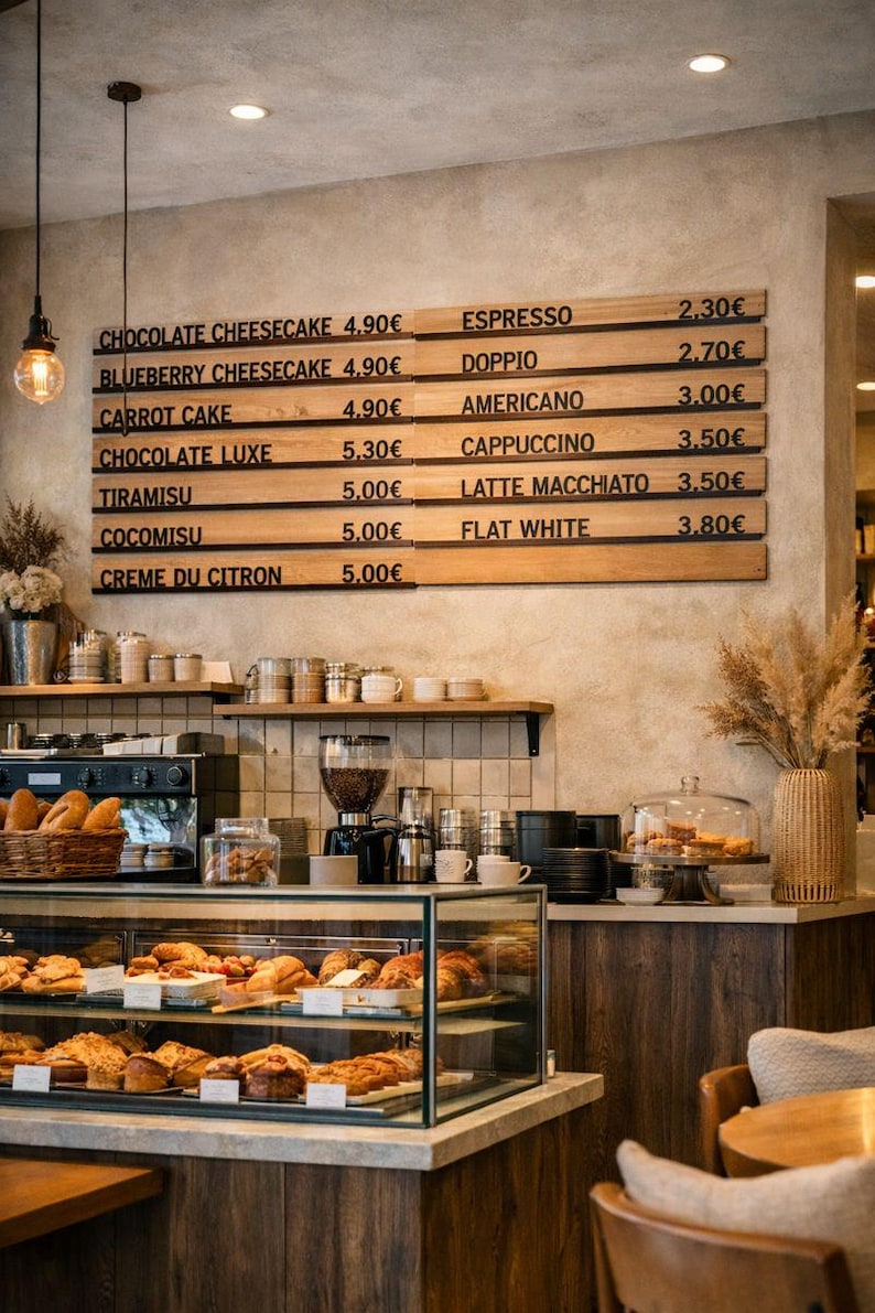 May include: A cafe menu board with wooden slats displays items like Chocolate Cheesecake, Blueberry Cheesecake, Carrot Cake, Chocolate Luxe, Tiramisu, Cocomisu, Creme du Citron, Espresso, Doppio, Americano, Cappuccino, Latte Macchiato, and Flat White.