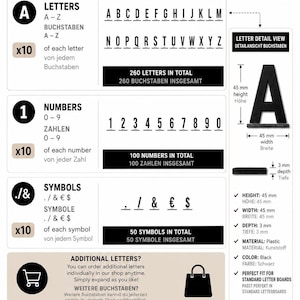 May include: A black plastic letter set by Auraprintde containing 410 characters total. Includes 260 letters, 100 numbers, and 50 symbols. Each character measures 45 mm in height, 45 mm in width, and 3 mm in depth as shown in the detailed view.