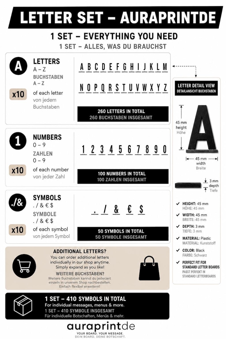 May include: A black plastic letter set by Auraprintde containing 410 characters total. Includes 260 letters, 100 numbers, and 50 symbols. Each character measures 45 mm in height, 45 mm in width, and 3 mm in depth as shown in the detailed view.