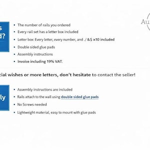 May include: An informational graphic with the AuraPrintDE logo, detailing product inclusions and assembly instructions. It lists rails, a letter box with letters, numbers, and symbols, double-sided glue pads, and instructions. It notes that rails attach to walls with glue pads, requiring no screws.