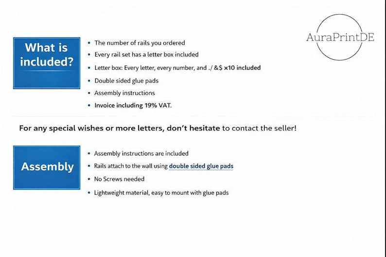 May include: An informational graphic with the AuraPrintDE logo, detailing product inclusions and assembly instructions. It lists rails, a letter box with letters, numbers, and symbols, double-sided glue pads, and instructions. It notes that rails attach to walls with glue pads, requiring no screws.