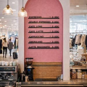 May include: A coffee shop menu board with black lettering on a pink arched wall listing espresso, double espresso, cafe long, cafe latte, cappuccino, americano, and latte macchiato with prices ranging from 2.00 to 4.00 euros, above a wooden counter.