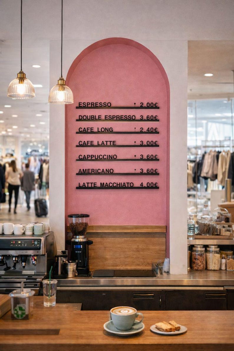 May include: A coffee shop menu board with black lettering on a pink arched wall listing espresso, double espresso, cafe long, cafe latte, cappuccino, americano, and latte macchiato with prices ranging from 2.00 to 4.00 euros, above a wooden counter.