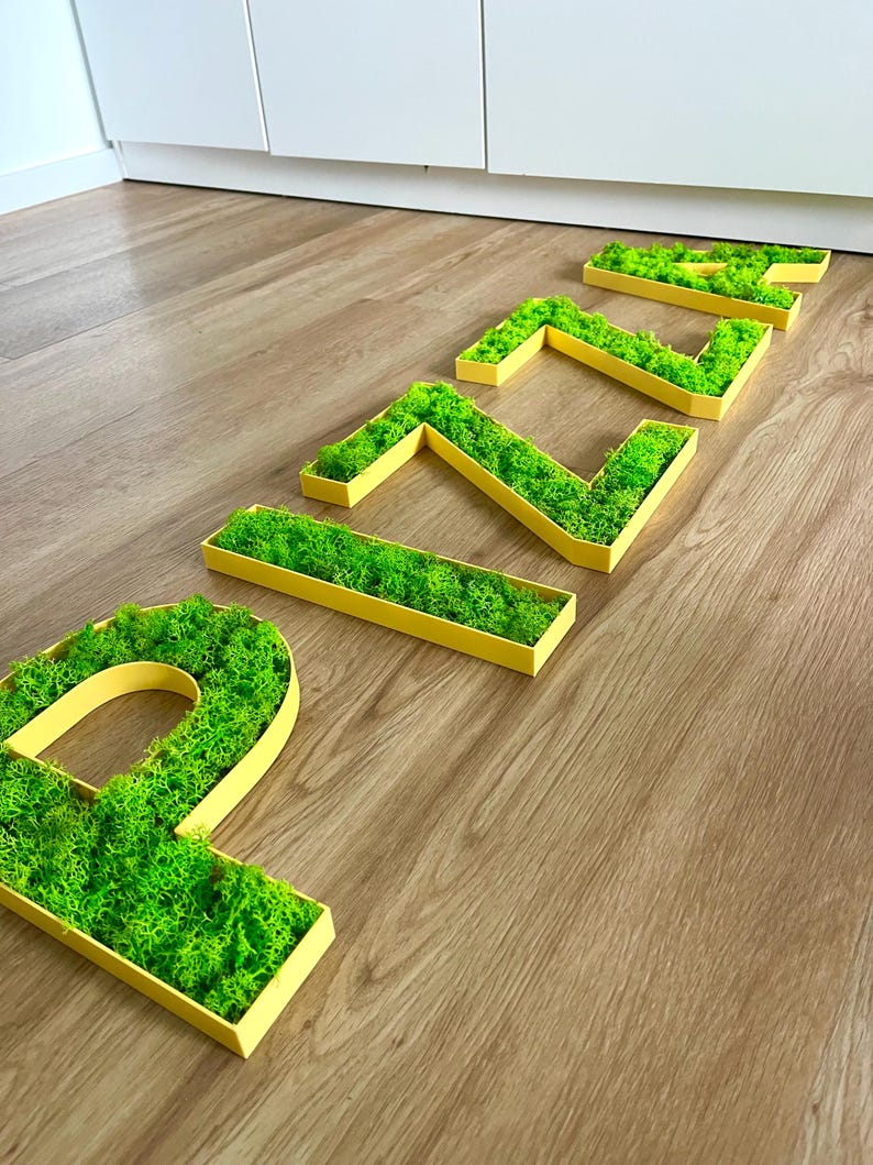 Pu&ograve; includere: La parola "RELAX" scritta in lettere singole. Ogni lettera &egrave; una cornice giallo brillante riempita di muschio verde vibrante. Le lettere sono disposte su un pavimento in legno marrone chiaro.