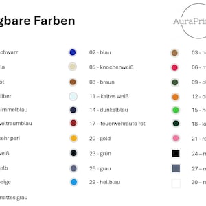 Pu&ograve; includere: Immagine che mostra una tabella dei colori con 31 opzioni di colore, ciascuna identificata da un numero e da un nome di colore in tedesco. I colori includono nero, blu, rosso, argento e varie tonalit&agrave; di verde, arancione e rosa. Il logo AuraPrintDE si trova in alto a destra.