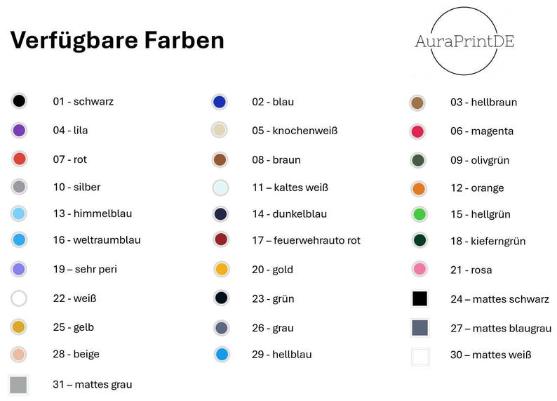Pu&ograve; includere: Immagine che mostra una tabella dei colori con 31 opzioni di colore, ciascuna identificata da un numero e da un nome di colore in tedesco. I colori includono nero, blu, rosso, argento e varie tonalit&agrave; di verde, arancione e rosa. Il logo AuraPrintDE si trova in alto a destra.