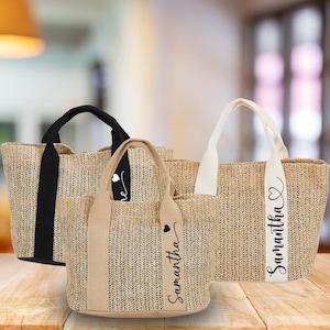Bolsa de paja personalizada con inicial: regalo ecológico para mujer, bolsa de lona personalizada, bolsa con letras para damas de honor.