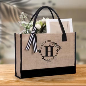 Bolsa de lino personalizada con alfabeto, grande, personalizada, con lazo, para regalo, unisex, abierta, para el trabajo o viajes, para playa.