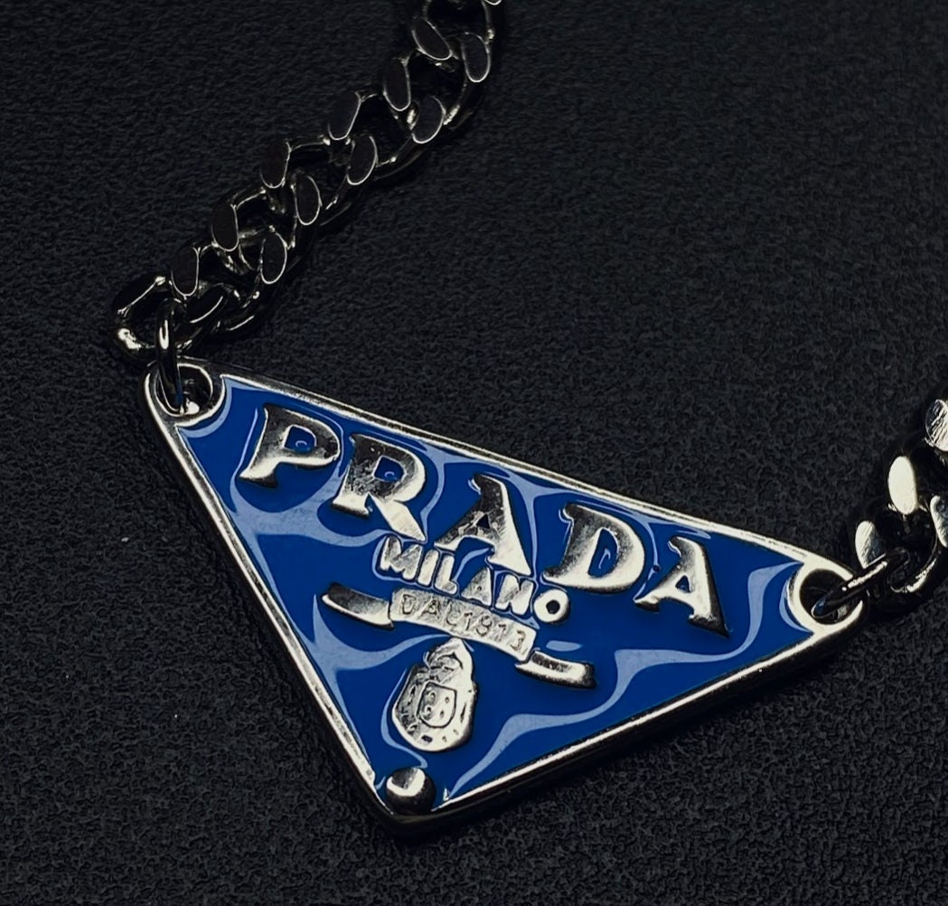 Vintage Prada Blue Amulet Silver Charm Necklace Pendant 46cm 