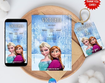 Digitaler Download der Frozen-Geburtstagseinladung mit KOSTENLOSEN Dankeschön-Tags und anpassbarer Frozen-Telefoneinladung auf Canva