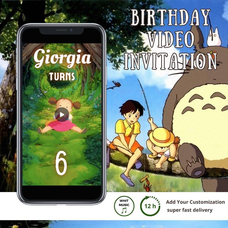 Puede incluir: Una invitaci&oacute;n de video de cumplea&ntilde;os digital con una imagen de dibujos animados de una ni&ntilde;a con un perro en un bosque verde. El texto en la pantalla dice "Giorgia cumple 6 a&ntilde;os".