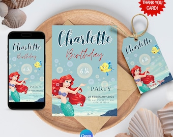 Digitaler Download der Geburtstagseinladung „Kleine Meerjungfrau Ariel“ mit KOSTENLOSEN Dankeschön-Tags und anpassbarer „Kleine Meerjungfrau“-Telefoneinladung auf Canva