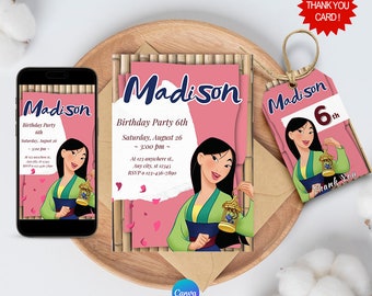 Prinzessin Mulan Geburtstagseinladungen / Mädchen-Geburtstagsparty-Einladungen / Mulan-Einladungsvorlage, druckbare und bearbeitbare Sofort-Download