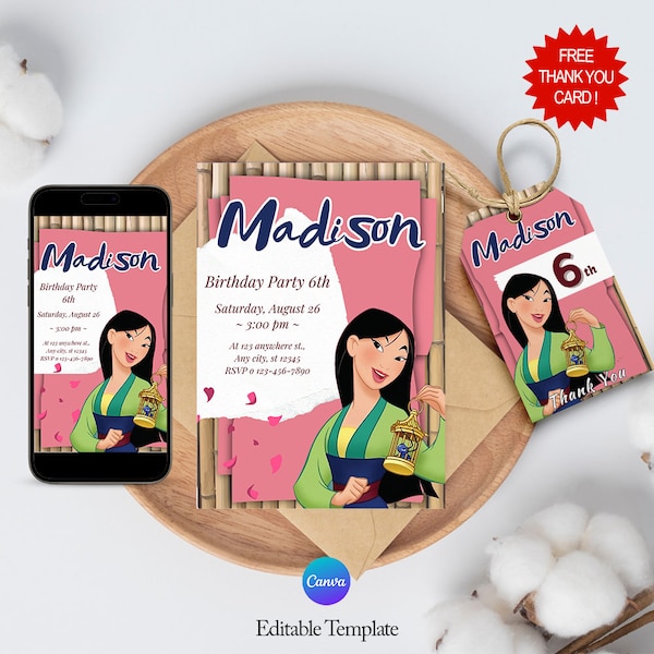 Princess Mulan Birthday Invitations / Girl Birthday Party Invitations / Mulan Invitation Template, Printable and Editable Instant Download