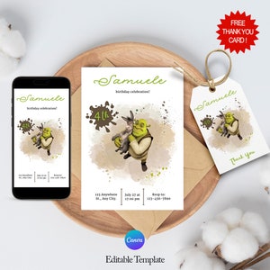 Shrek verjaardagsuitnodiging, Shrek digitale mobiele verjaardagsuitnodiging, Shrek bewerkbare uitnodiging, Shrek feestartikelen, mobiele feestuitnodiging