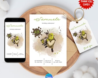 Shrek Geburtstagseinladung, Shrek digitale mobile Geburtstagseinladung, Shrek Editierbare Einladung, Shrek Partyzubehör, mobile Party Einladung