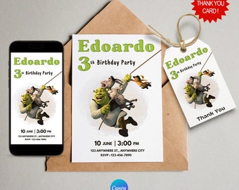 Shrek-Geburtstagseinladung, digitale mobile Shrek-Geburtstagseinladung, bearbeitbare Shrek-Einladung, Shrek-Partyzubehör, mobile Partyeinladung