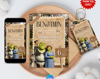 Shrek Geburtstagseinladung, Shrek digitale mobile Geburtstagseinladung, Shrek Editierbare Einladung, Shrek Partyzubehör, mobile Party Einladung