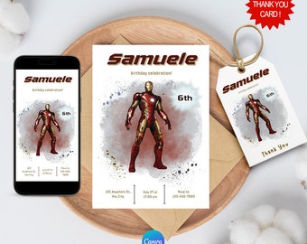 Ironman Geburtstagsparty Einladungsvorlage, Ironman Geburtstagseinladung, Ironman Dankesanhänger, editierbare Einladung, druckbare Einladung