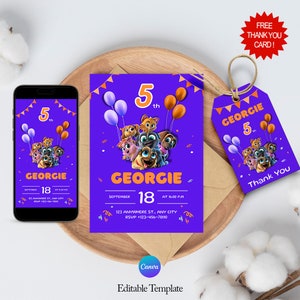 Digital Download of puppy dog pals Birthday Invitation with FREE Thank You Tags and Customizable puppy dog pals Phone Invite on Canva