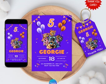 Digitaler Download der Geburtstagseinladung „Welpe Dog Pals“ mit KOSTENLOSEN Dankeschön-Tags und anpassbarer Telefoneinladung „Welpe Dog Pals“ auf Canva