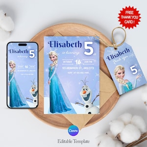 Digitale download van Frozen-verjaardagsuitnodiging met GRATIS bedanktags en aanpasbare Frozen-telefoonuitnodiging op Canva
