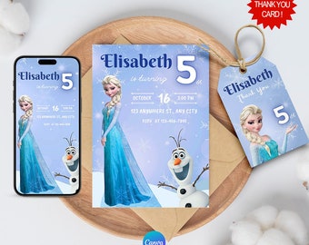 Digitaler Download der Frozen-Geburtstagseinladung mit KOSTENLOSEN Dankeschön-Tags und anpassbarer Frozen-Telefoneinladung auf Canva