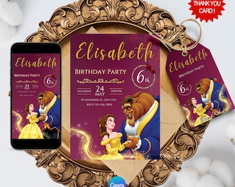 Die Geburtstagseinladung „Die Schöne und das Biest“ digitaler Download mit KOSTENLOSEN Dankeschön-Tags und anpassbarer „Die Schöne und das Biest“-Einladung auf Canva