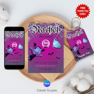 Digital Download of Vampirina Birthday Invitation with FREE Thank You Tags and CustomizableVampirina Phone Invite on Canva, Editable Templat