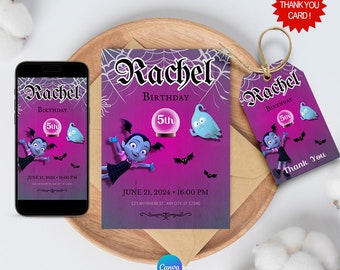 Digitaler Download der Vampirina-Geburtstagseinladung mit KOSTENLOSEN Dankeschön-Tags und anpassbarer Vampirina-Telefoneinladung auf Canva, bearbeitbare Vorlage