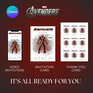 Może przedstawiać: Cyfrowa karta zaproszenia na 6. urodziny z Iron Manem z Marvel Avengers. Karta ma czerwono-złoty schemat kolorystyczny z akwarelowym tłem. Tekst na karcie brzmi "Samuele birthday celebration! 6th".