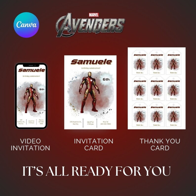 Może przedstawiać: Cyfrowa karta zaproszenia na 6. urodziny z Iron Manem z Marvel Avengers. Karta ma czerwono-złoty schemat kolorystyczny z akwarelowym tłem. Tekst na karcie brzmi "Samuele birthday celebration! 6th".