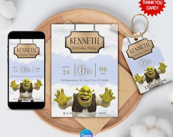 Shrek-Geburtstagseinladung, digitale mobile Shrek-Geburtstagseinladung, bearbeitbare Shrek-Einladung, Shrek-Partyzubehör, mobile Partyeinladung