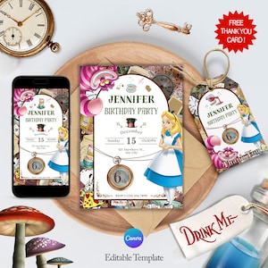 Download digital do convite de aniversário de Alice no País das Maravilhas com etiquetas de agradecimento GRATUITAS e convite personalizável por telefone de Alice no Canva