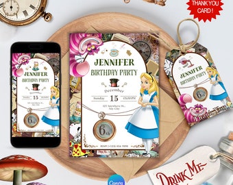 Digitaler Download der Alice im Wunderland-Geburtstagseinladung mit KOSTENLOSEN Dankeschön-Tags und anpassbarer Alice-Telefoneinladung auf Canva