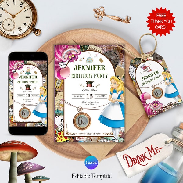 Digital Download of Alice in Wonderland Birthday Invitation with FREE Thank You Tags and Customizable Alice Phone Invite on Canva