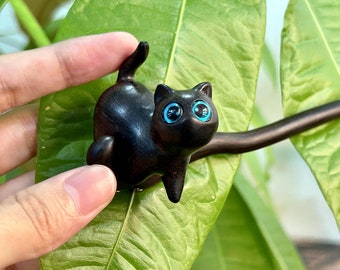 Handmade ebony wood hairpin - wooden cat hairpin - Spirit cat on the tree hairpin - Mother's Day gift