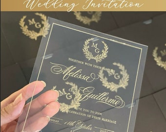 Invito trasparente per matrimonio, Invito matrimonio di lusso, Invito matrimonio in acrilico, Invito in lamina d'oro