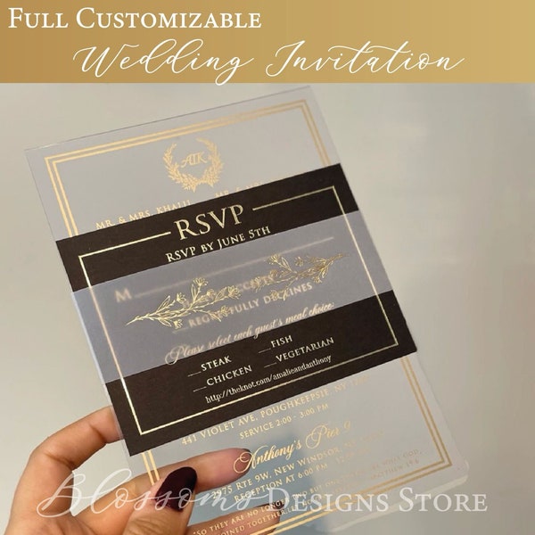 Clear Invitation for Wedding, Luxury Wedding invitation, Acrylic Wedding Invitation, Gold Foil Invitation, Clear invitation