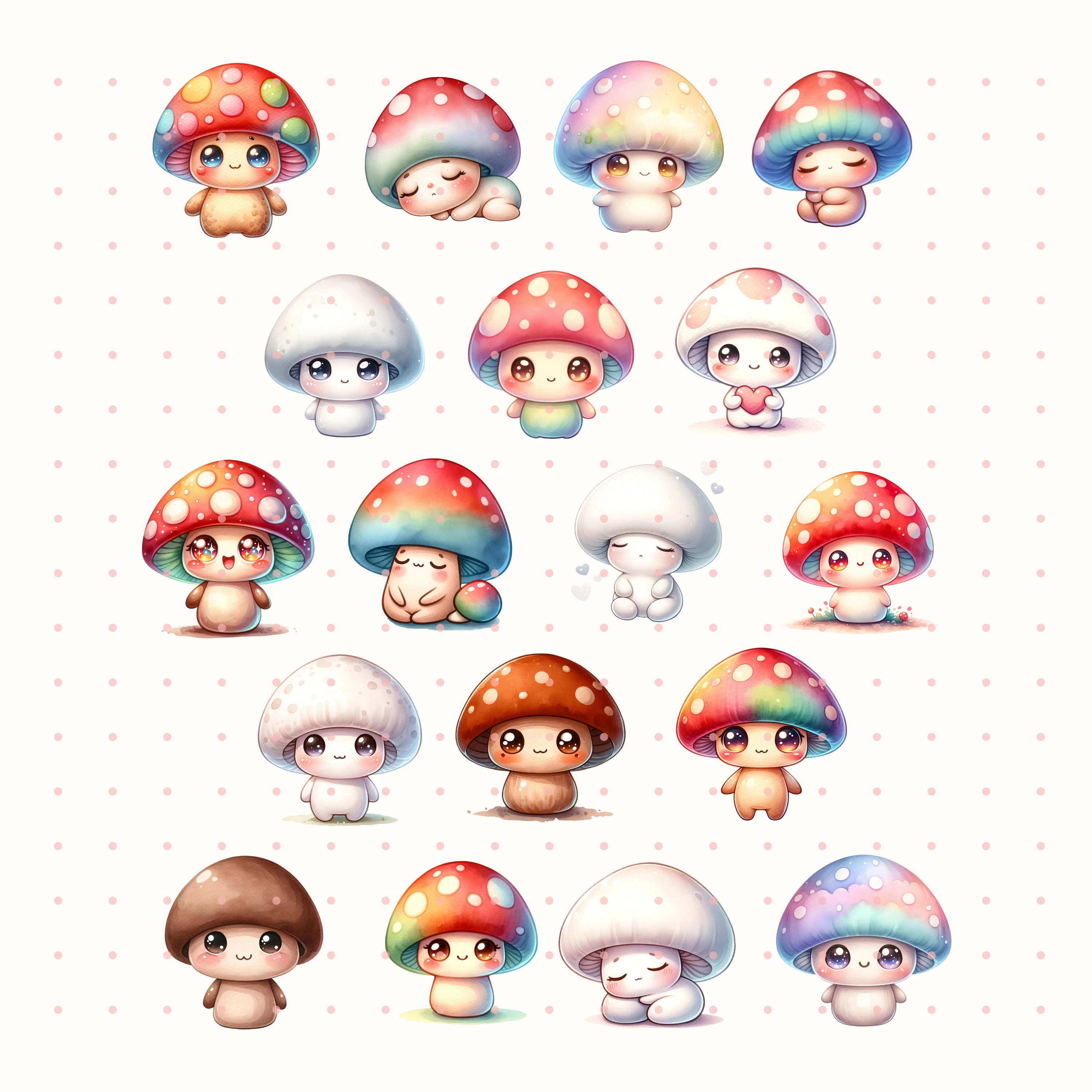 Kawaii Mushroom Watercolor Clipart | Fungi | Cute Toadstool PNG Digital ...