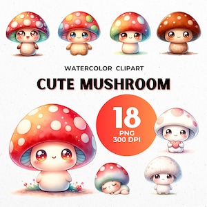 Clipart aquarelle champignon kawaii | Champignons | Images numériques PNG de mignon champignon vénéneux pour le scrapbooking, la fabrication de cartes, le journal indésirable et les travaux manuels en papier