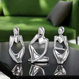 The Thinker Pose Sculpture Set of Three, Thinker Resin Statue Zen Lifestyle, Indoor Sculpture for Decor Book Shelf, Minimalist Lifestyle