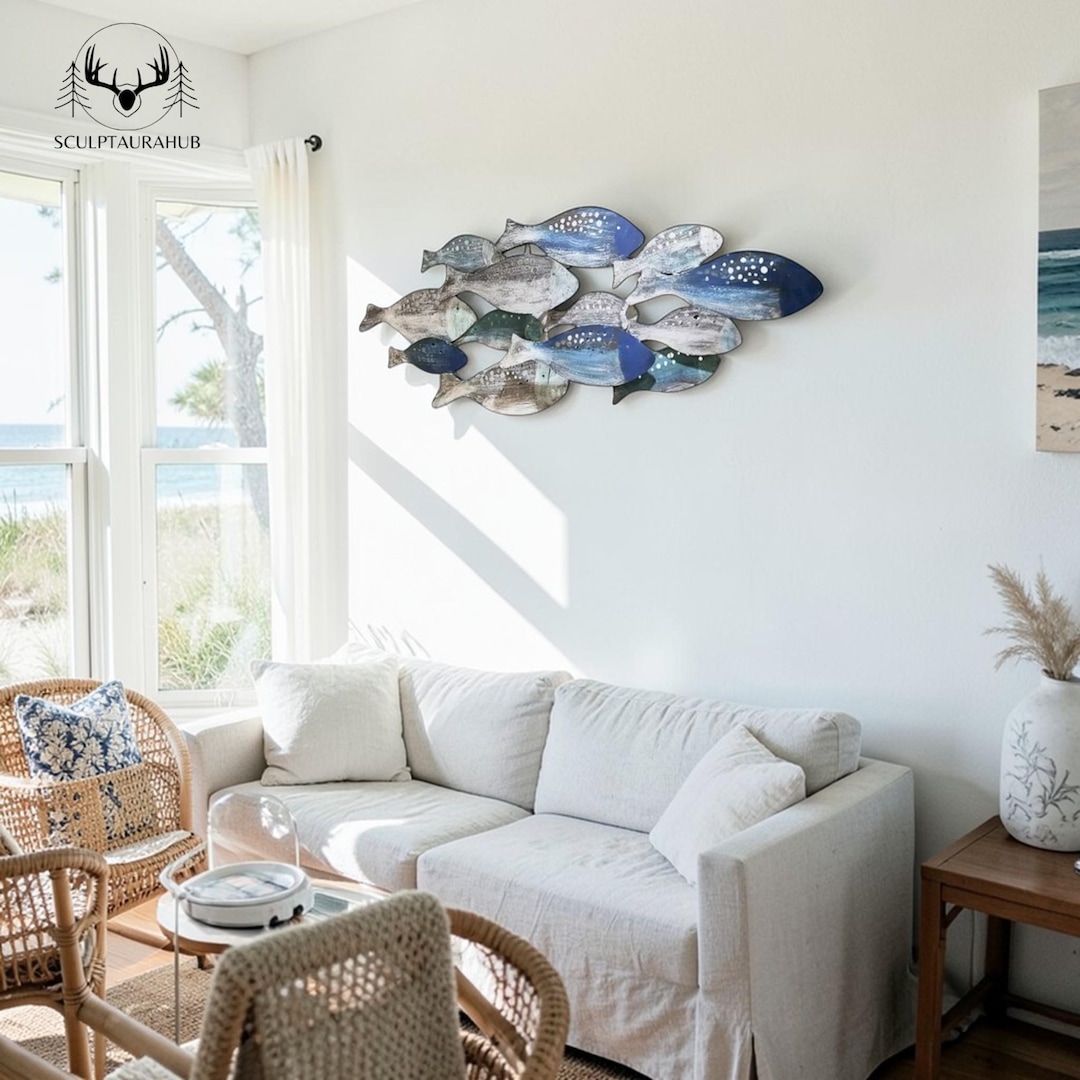 Hand-painted Metal Fish Wall Decor, Light Blue Sculpture, Sea House ...