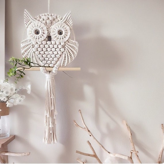Arazzo Gufo Tessuto A Mano, Acchiappasogni Gufo Da Appendere Alla Parete, Decorazione Boho Fai Da Te, Motivo Gufo In Macramè, Regalo Per Amanti Dei Gufi, Gufo Bianco, Gufo In Macramè, Hibou