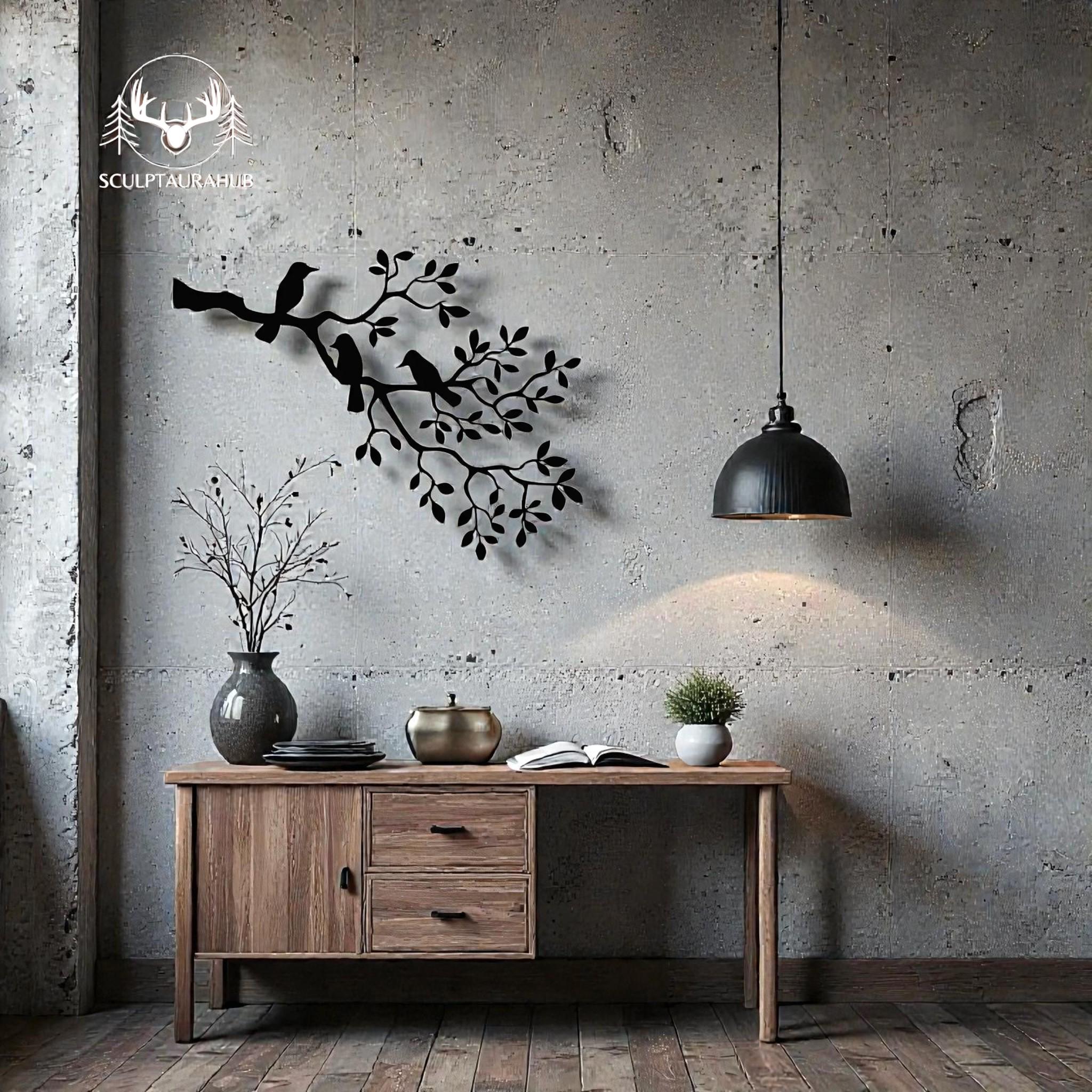 Metal Birds Wall Art, Black Metal Bird Branch Black Wall Decor, Modern ...