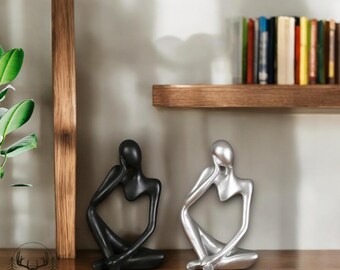 Set med 2 st Tänkaren Skulptur Svart & Silver, Moderna Figurer Hylldekor, Resin Skulptur Älskare, Bordprydnad, Zenhus