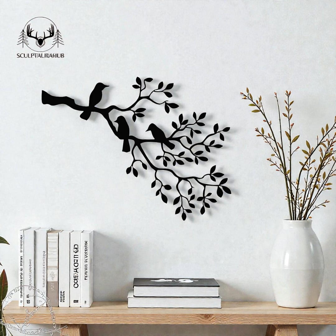 Metal Birds Wall Art, Black Metal Bird Branch Black Wall Decor, Modern ...